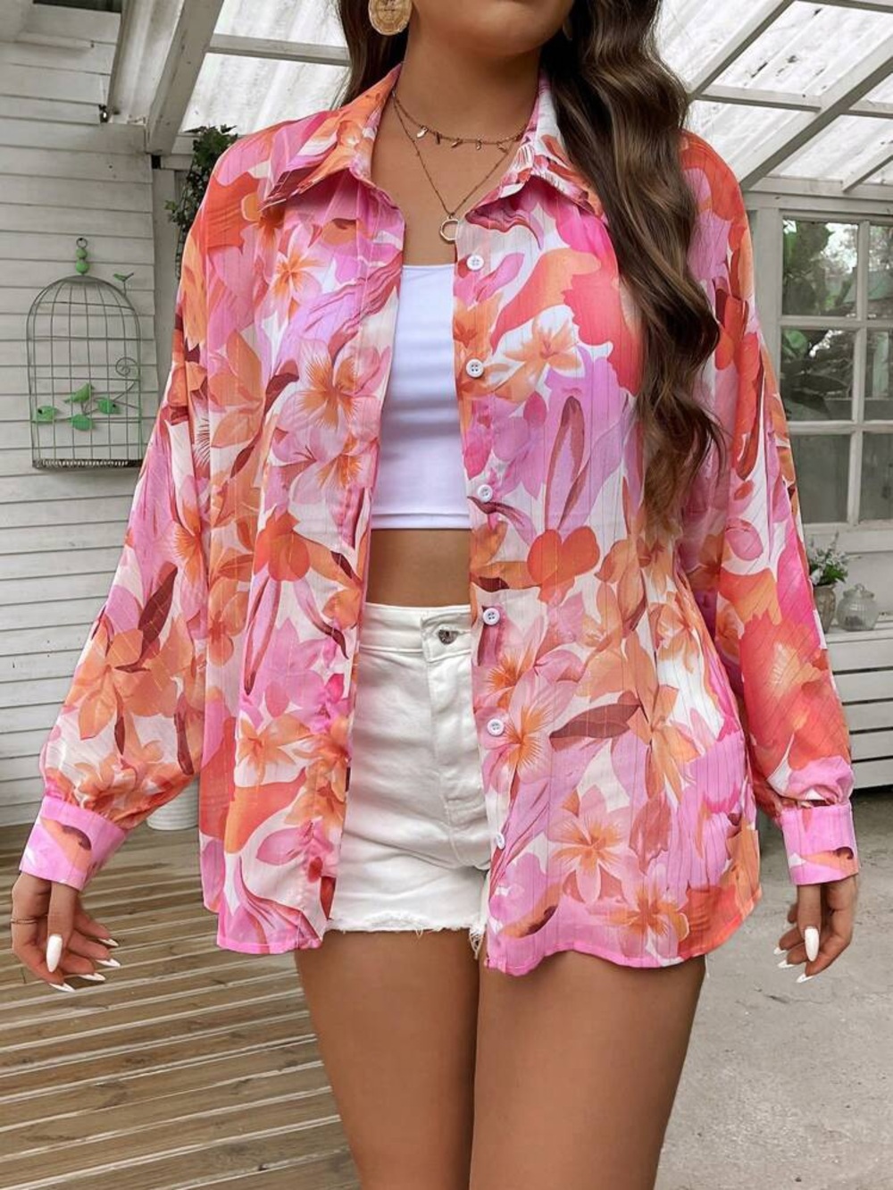 Yozy Floral Pink Orange Button-Front Button-Down Shirt Size Large